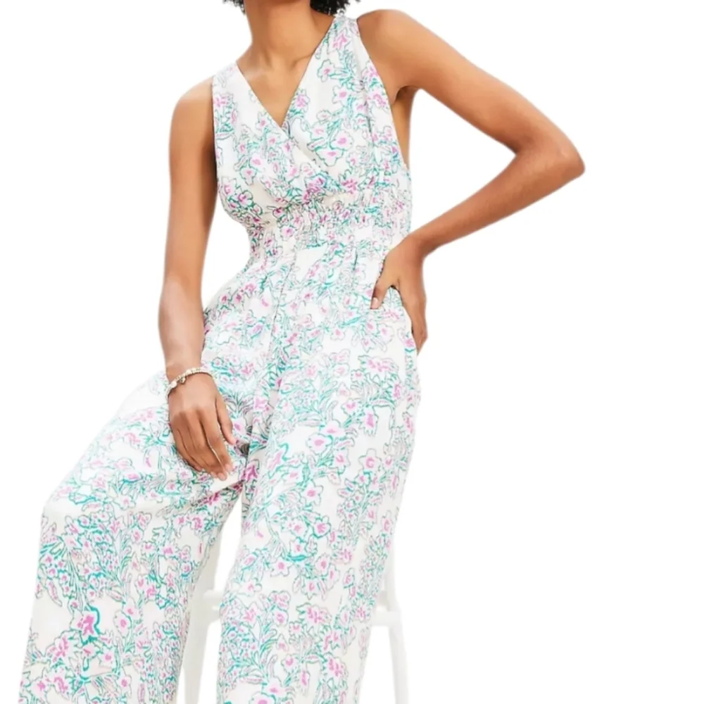 NWT LOFT Floral Smocked Crisscross Back Jumpsuit Womens 10 White Straight Spring